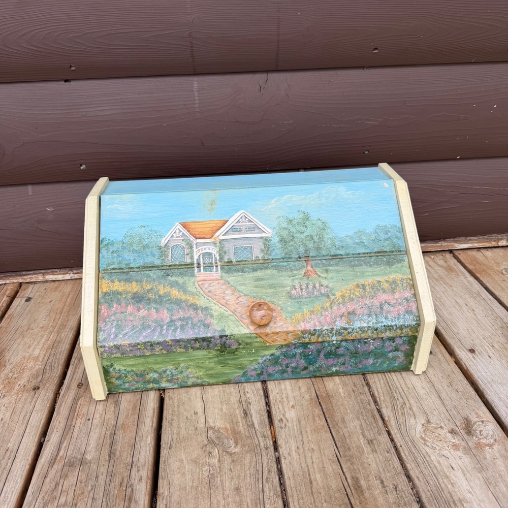 Hand‎ Painted Wooden Bread Box Cottage Garden Scene Cream Blue Folk Art Storage